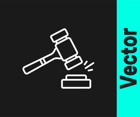 White line Auction hammer icon isolated on black background. Gavel - hammer of judge or auctioneer. Bidding process, deal done. Auction bidding. Vector
