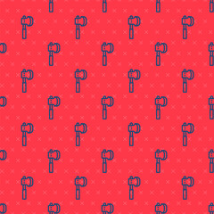 Blue line Wooden axe icon isolated seamless pattern on red background. Lumberjack axe. Vector