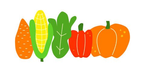 Group of cute hand drawn flat vegetables isolated on white background. Sweet potato, corn, lettuce salad, bell pepper and pumpkin.