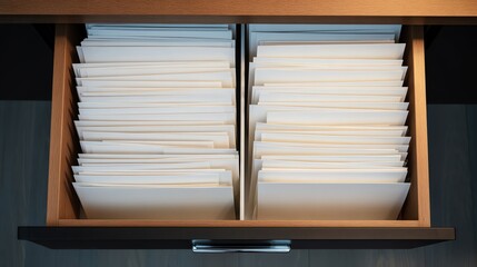 Two sections of a drawer filled with neatly organized white envelopes, viewed from above.