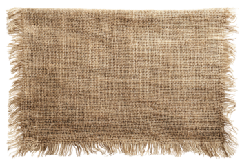 Close-up of a natural burlap or hessian rectangle with frayed edges