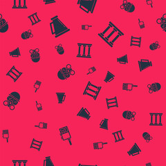 Set Walkie talkie, Megaphone, Gas mask and Prison window on seamless pattern. Vector