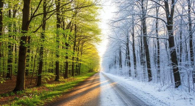 A road divides a forest into two seasons, lush spring on one side and snowy winter on the other.