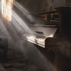 Sunlight beams through a window, illuminating an abandoned, dusty upright piano in a decaying room filled with scattered papers and debris.