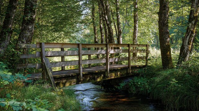 A wooden footbridge crosses a small stream amid a lush, green forest with sunlight filtering through tall trees.