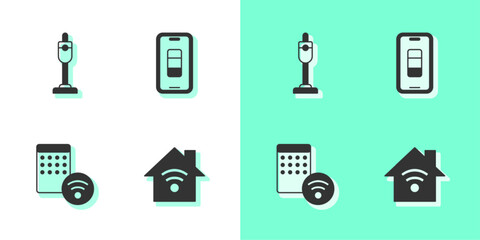 Set Smart home with wi-fi, Vacuum cleaner, Air humidifier and Smartphone battery charge icon. Vector