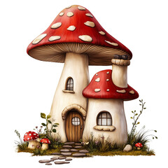 A whimsical mushroom house fantasy home with fairy details on transparent png background. Ai generated
