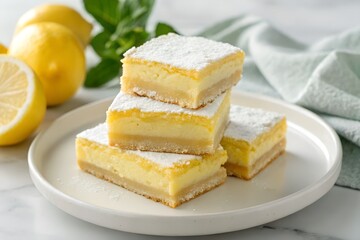 Stacked Lemon Bars with Powdered Sugar &ndash; Fresh Citrus Dessert on Plate with Lemons and Green Leaves