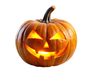 Glowing jack-o-lantern pumpkin with evil carved face perfect for Halloween decorations spooky parties and scary themes isolated on clean transparent background in PNG