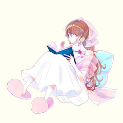 猫をなでる女性　読書　メルヘン