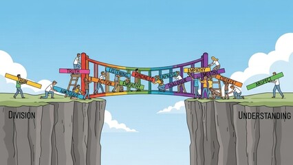 Conceptual illustration of a diverse team building a bridge from division to understanding, a metaphor for collaboration and connection.