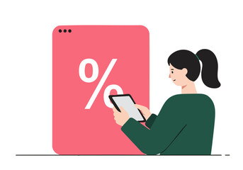 A woman uses a tablet to analyze a discount percentage. Modern, flat design illustration. Bright pink and green color scheme. Focus on shopping and savings.