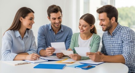 Four people sitting at a table, discussing documents.
