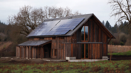 Obraz premium Old barn converted into a cozy home with roof insulation and solar panels—blending rustic charm, modern comfort, and a sunny terrace for relaxed countryside living.