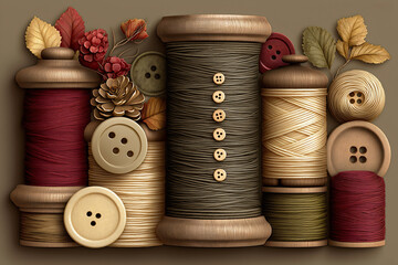 Vintage wooden sewing supplies, burgundy thread spools buttons leaves berries autumn crafting flat lay composition on neutral background rustic handmade needlework materials artisan tools.
