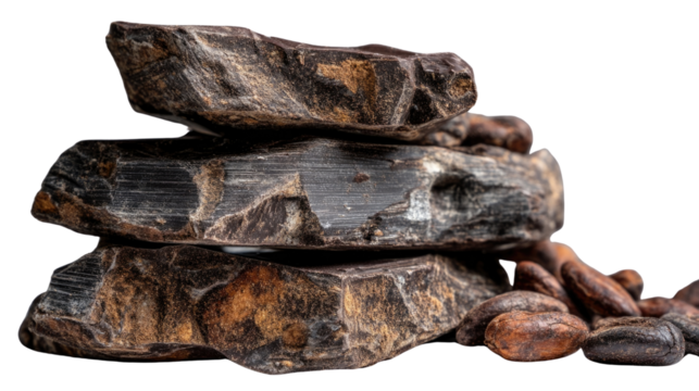 Close-up of Raw Cocoa Nibs and Cocoa Beans Piled on Rustic Surface Highlighting Natural Textures and Organic Ingredients