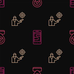 Set line Worker location, Marketing target strategy and Chat messages phone on seamless pattern. Vector