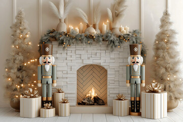 Christmas backdrop fireplace mantel decoration with nutcracker soldiers wrapped gifts evergreen garland white candles pampas grass neutral color palette luxury holiday interior design.