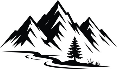 Majestic Mountain Silhouette with Serene River and Towering Tree a Natural Landscape Artwork Design for Outdoor Enthusiasts