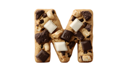 A letter 'M' in cookie style, with a mix of white and dark chocolate chunks, isolated on a Transparent Background