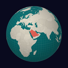 Saudi Arabia on the map. Globe centered to Saudi Arabia. Country location on the world map. Teal Pale Mint color palette. Globe with countries, meridians and parallels. Alive vector illustration.