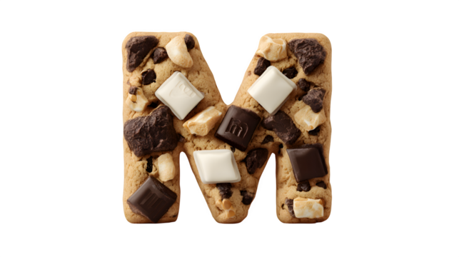 A letter 'M' in cookie style, with a mix of white and dark chocolate chunks, isolated on a Transparent Background