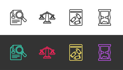 Set line Paper analysis magnifying, Scales of justice, Evidence bag and bullet and Old hourglass on black and white. Vector