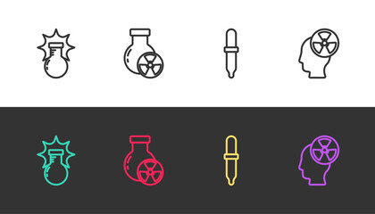 Set line Chemical explosion, Test tube radiation, Pipette and Head and symbol on black and white. Vector