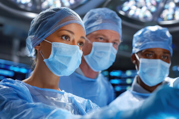 Surgical Team Focused: In a sterile operating room, a dedicated surgical team, masked and gowned, focuses intently during a medical procedure. Capturing professionalism, skill.
