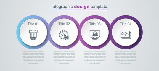Set line Camera photo lens, timer, Photo camera and frame. Business infographic template. Vector