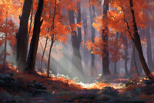 Sunlight streams through a forest of vibrant autumn trees.