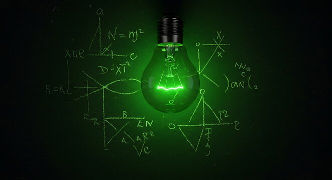 Glowing Green Light Bulb on Chalkboard with Math Equations