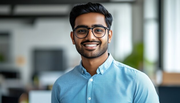 Young Indian Man In Glasses And Blue Shirt Smiling In Modern Office, Looking At Camera In Close-Up Portrait.