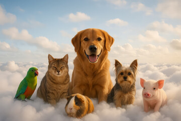 Fototapeta premium Group of adorable pets including a dog, cat, parrot, piglet, guinea pig, and yorkie sitting together on fluffy clouds under a blue sky in heaven 