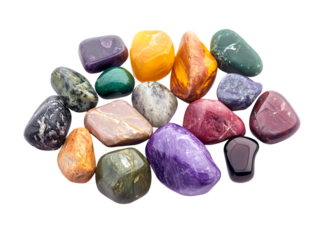 Assorted polished gemstones isolated on transparent background