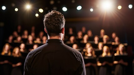 A choir director standing confidently in front of singers acting as the central harmonizer guiding their voices