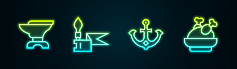 Set line Anvil for blacksmithing, Medieval spear, Anchor and Roasted turkey chicken. Glowing neon icon. Vector