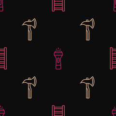 Set line Fire escape, Firefighter axe and Flashlight on seamless pattern. Vector