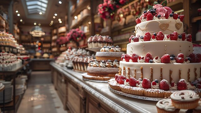 Elegant tiered cake adorned with fresh berries and delicate frosting in a charming bakery display