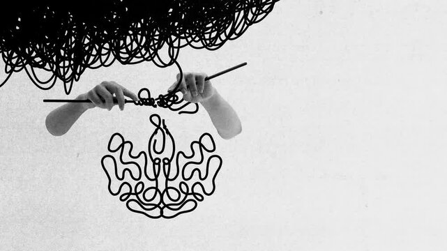 Ad template. Unraveling doubt. Brain almost complete but dark yarn trails off, symbolizing self-doubt, hesitation and fragile thoughts. Concept of motivation, life coaching, wellness