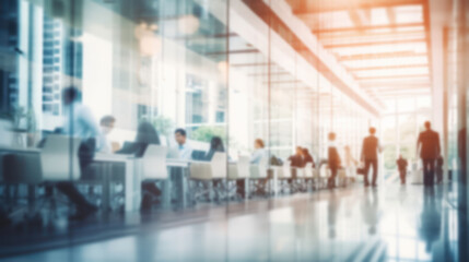 People working in a modern office with glass walls and a bright, open space.