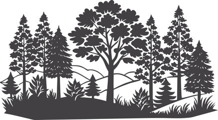 Vector illustration of trees and forest silhouette. Nature scene silhouette. Forest landscape vector illustration. Outdoor and hiking concept	