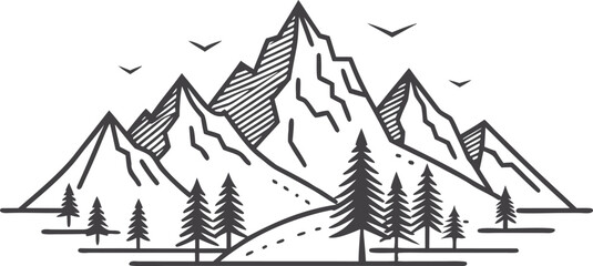Hand drawn line art mountain design. Mountains and pine trees illustration. Minimalist line art of mountains and pine trees