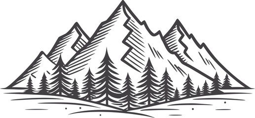 Hand drawn line art mountain design. Mountains and pine trees illustration. Minimalist line art of mountains and pine trees