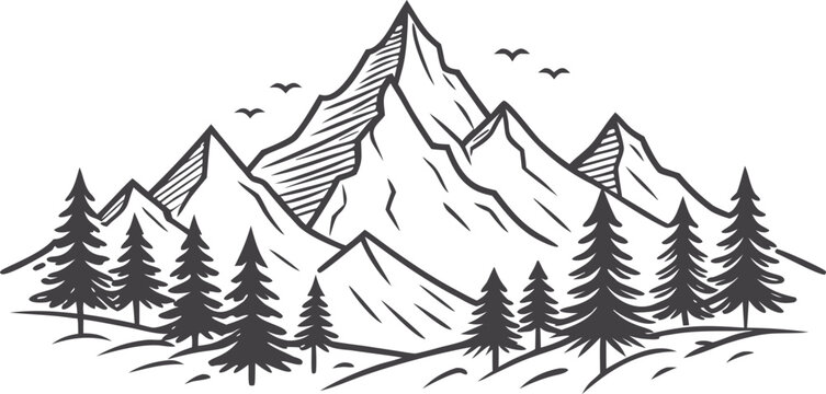 Hand drawn line art mountain design. Mountains and pine trees illustration. Minimalist line art of mountains and pine trees