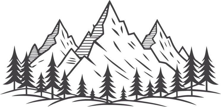 Hand drawn line art mountain design. Mountains and pine trees illustration. Minimalist line art of mountains and pine trees