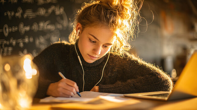 Focused Student Solving Math Problems with Earbuds in Cozy Sunlit Room