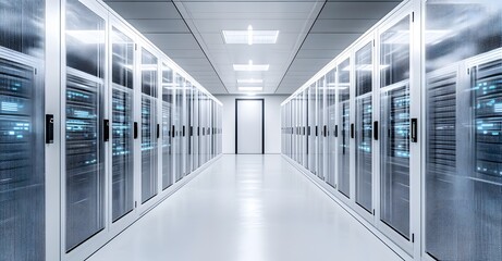 Modern server room hallway with rows of illuminated computer racks