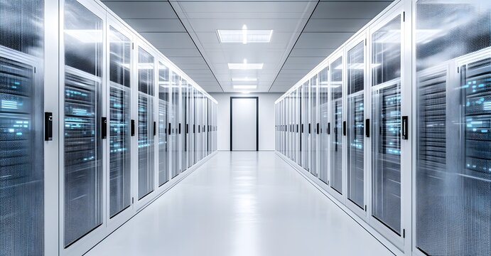 Modern server room hallway with rows of illuminated computer racks