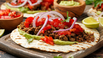 Tasty Beef Tacos with guacamole, tomato, onion and sauce. Tortilla Fast Food.